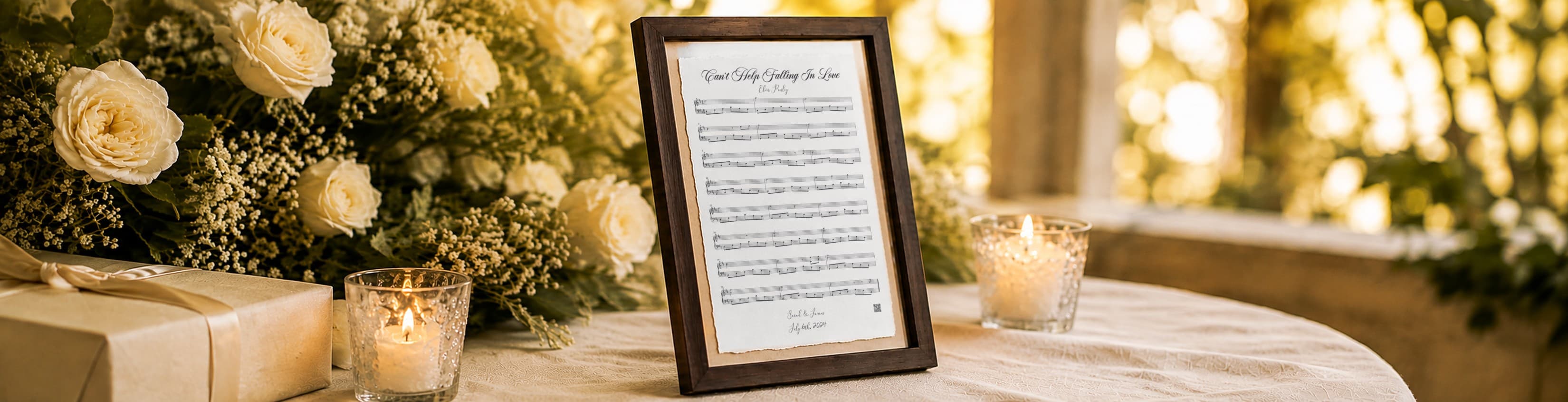 A dark wood-framed print of the couple's song ‘Can't Help Falling In Love’, hand-scored on 100% cotton fiber paper, displayed on a candlelit wedding gift table with white roses and a wrapped gift.