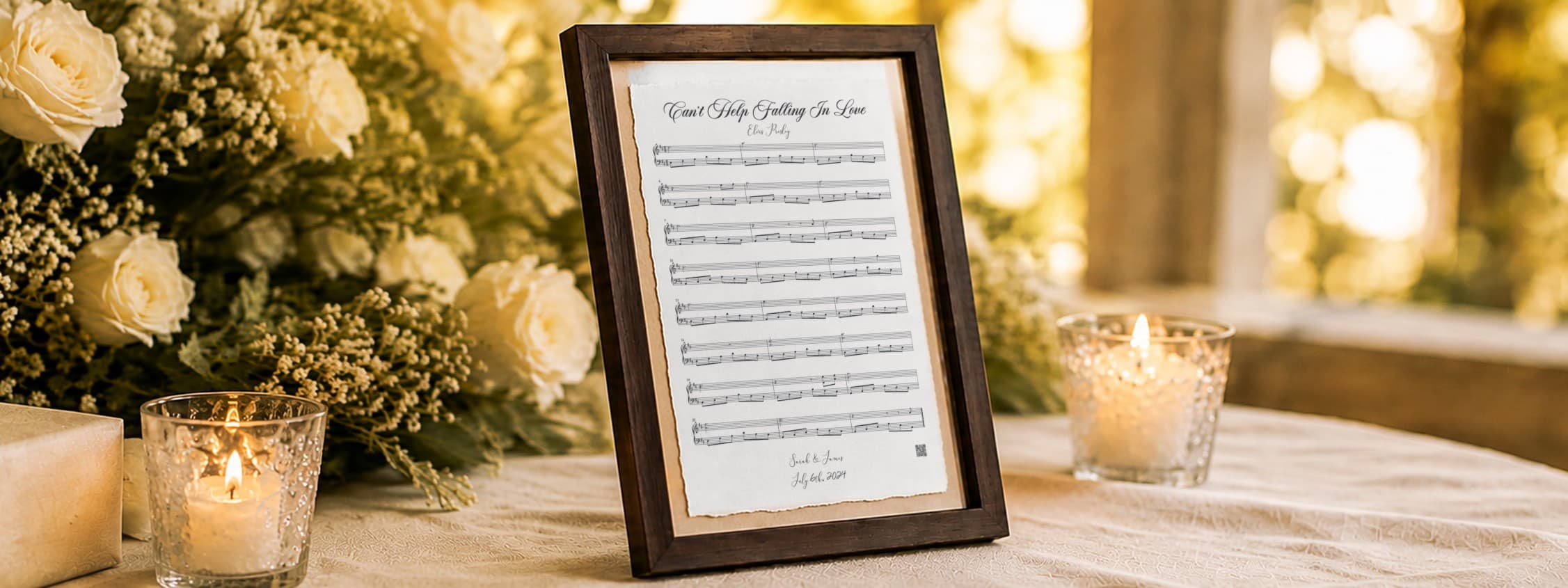 A dark wood-framed print of the couple's song ‘Can't Help Falling In Love’, hand-scored on 100% cotton fiber paper, displayed on a candlelit wedding gift table with white roses and a wrapped gift.